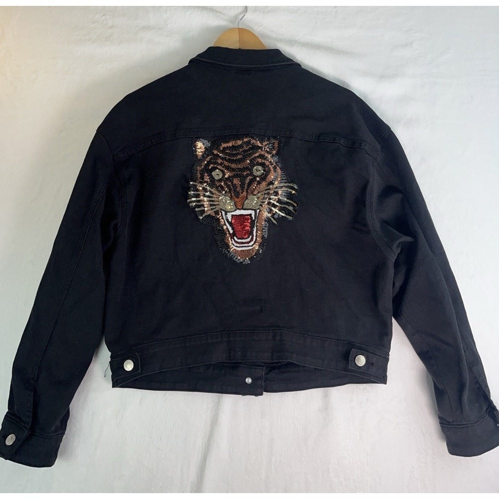 Sojara Jacket Womens Large Black Jean Embroidered‎ Tiger Denim